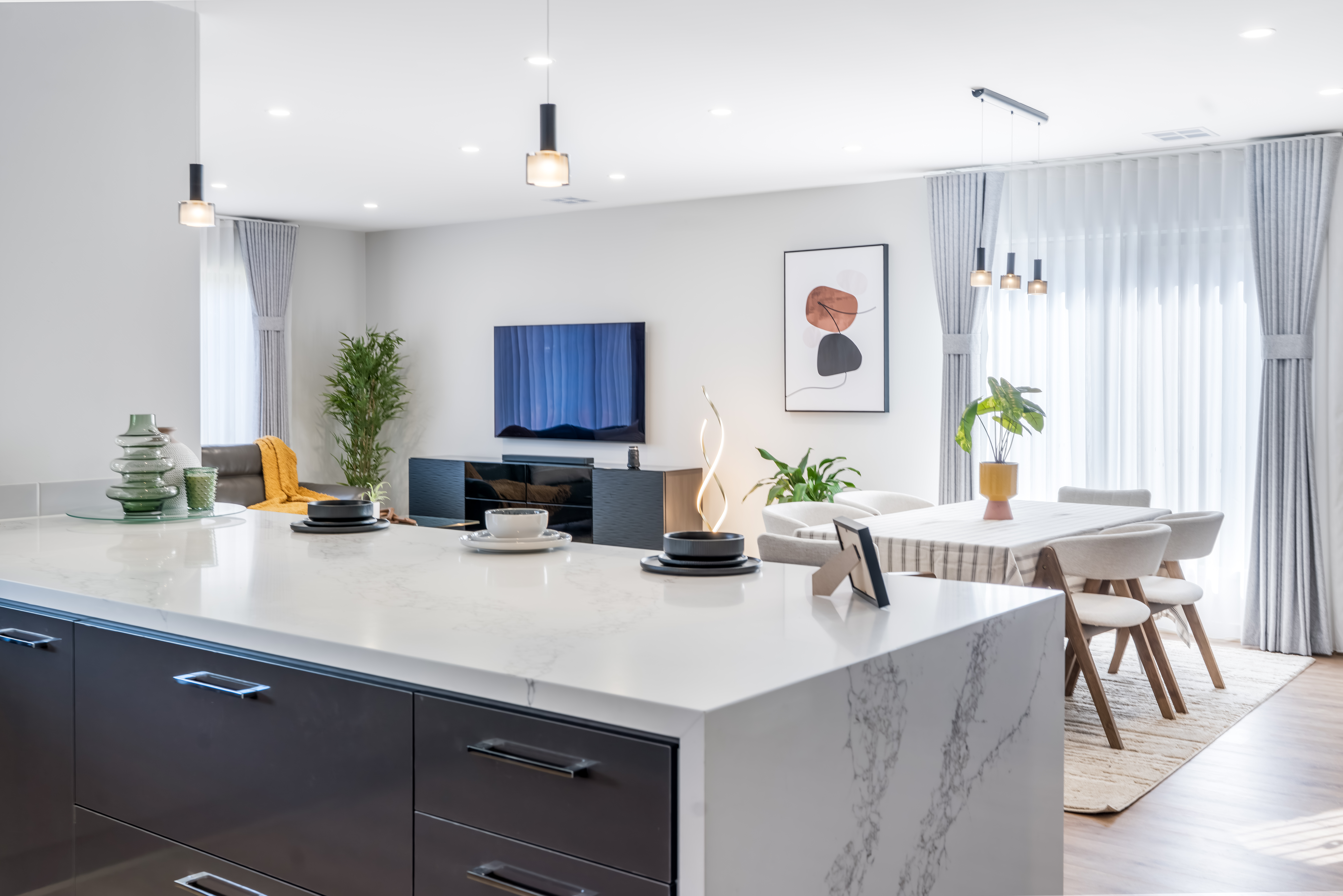 Coastal interior with soft blue accents and natural textures